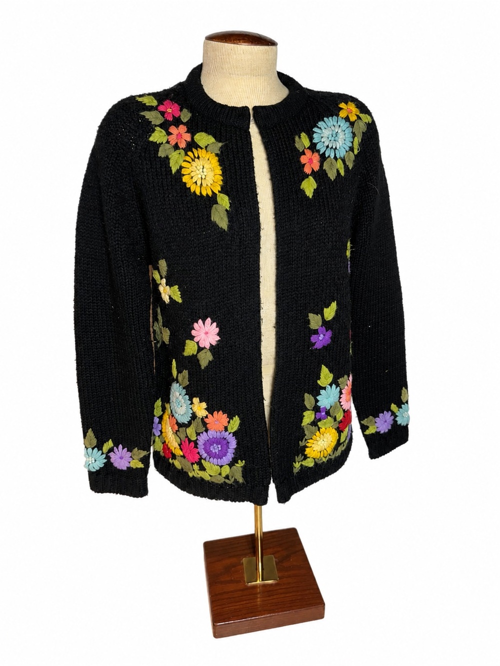 Black Floral Embroidered Open Cardigan Sweater